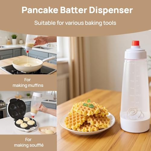 Pancake Batter Dispenser with Blender Balls,33 Oz Pancake Mixer Bottle,Batter Mixer,Kitchen Batter Squeezer Bottle with Graduated Lines and Sturdy Base for Cupcakes,Crepes,Muffins,Pancakes - Image 6