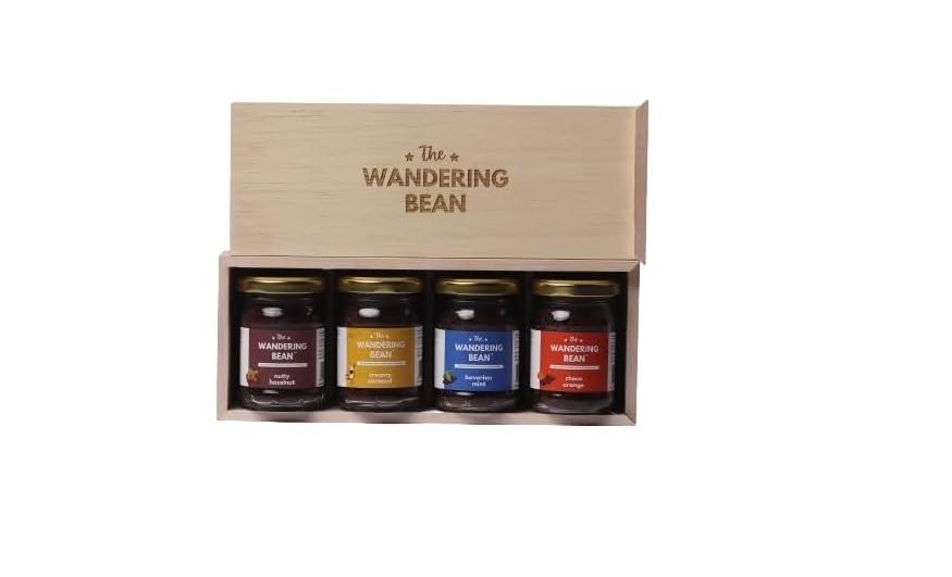 The Wandering Bean Coffee Hamper | A Set of 4 Assorted Coffees (Nutty Hazelnut, Creamy Caramel, Bavarian Mint, Choco- Orange 40g X 4 Jars) Gift Festive- Best Gift Hamper