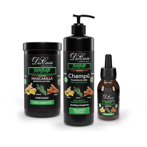 Pack Bombar Crecimiento del Cabello y Prevención de Caída Don Cabello, Champu bombar -1000 ml, Sin Parabenos, Mascarilla bombar -1000 ml y bombar Locion -125 ml,Sin GMO, Silicona