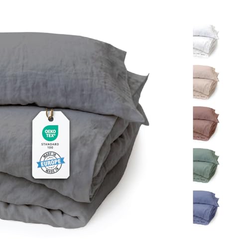 BLUE MOON Ropa de cama de lino de 135 x 200 cm, certificado Öko-Tex, 2 piezas, 1 funda nórdica de 135 x 200 cm y 1 funda de almohada de 80 x 80 cm, ropa de cama de lujo 100 % lino, fabricada en la UE,