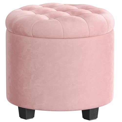 SONGMICS Round Ottoman Ottoman with Storage 17.7 x 17.7 x 17.5 Inches Foot Rest with Legs Velvet Load up to 330 lb for Living Room Bedroom Jelly Pink ULOM012R01