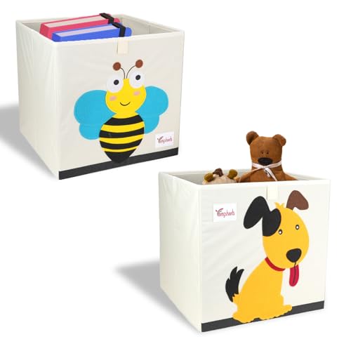 QLFJ-FurDec 2 Pcs Foldable Animal Toy Storage Box/Bin/Cube for Boys and Girls, Collapsible Storage Organizer Chest Basket Container for Home Nursery Bedroom (13 x 13 x 13 Inch, Dog & Bee)