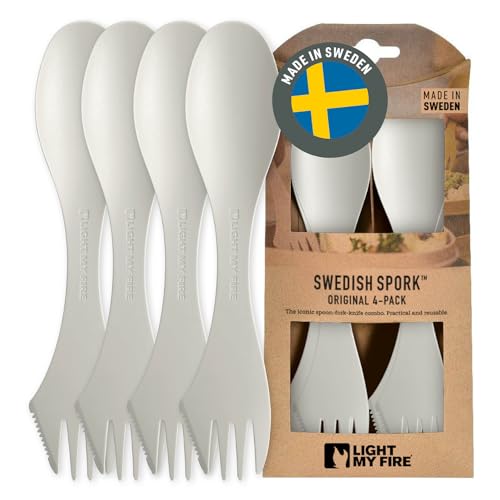 Light my Fire Spork Original 3-in-1 Camping Cutlery Knife Fork Spoon Set Survival Gifts for Scouts Camping Accessories Sporks Reusable Travel Cutlery Set 4-Pack Cream
