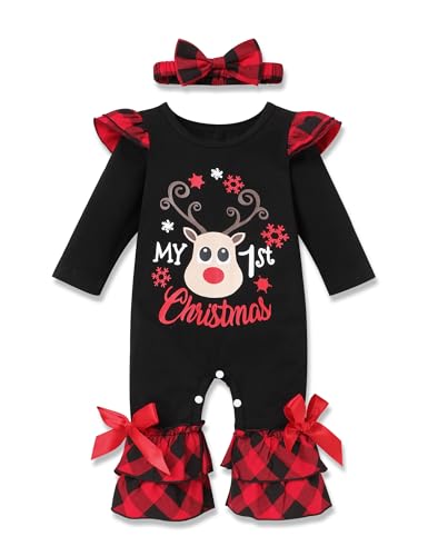 Image of Perdeca My First Christmas Baby Girl Outfit - Infant Christmas Romper Cute Lantern Sleeve Jumpsuit