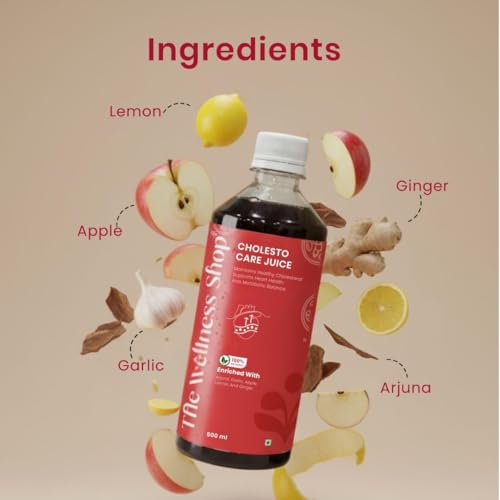 Image of The Wellness Shop Cholesto Juice 500ml (Pack of 3) | Supports Heart Health, Cholesterol & BP Balance | Ayurvedic Herbal Drink with Garlic, Arjuna & Lemon | Sugar-Free Formula