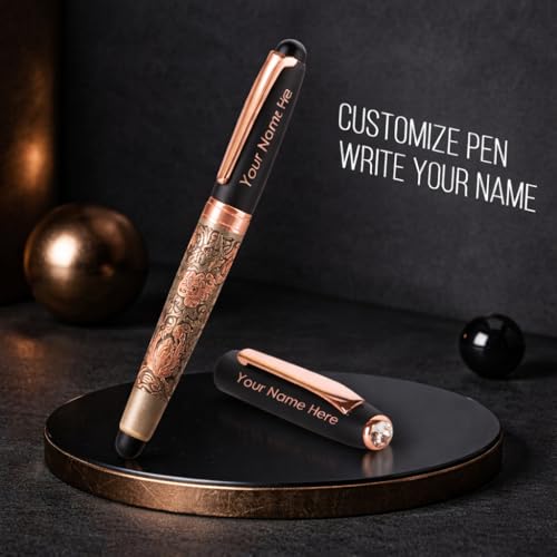 Image of Personalized Metal Ball Pen | Custom Name Engraved Signature Pen | Premium Floral Pattern Design | Smooth Blue Ink Ballpoint Pen | Elegant Rose Gold & Black Finish | Stylish Executive Writing Pen