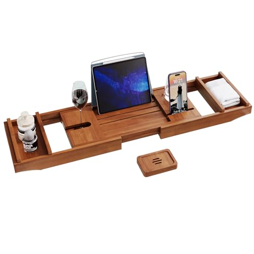 Teak Bathtub Tray, Wooden Bath Tub Tray Expandable Teak Bath Caddy with Book and Wine Glass Holder