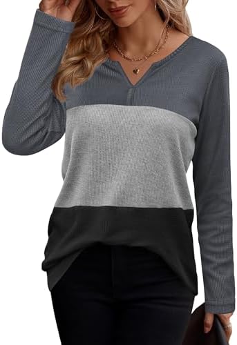 Zeagoo Women’s Color Block Tops Waffle Shirts Long Sleeve Tunic V Neck Shirt Casual Basic Tees for Women Trendy 2024
