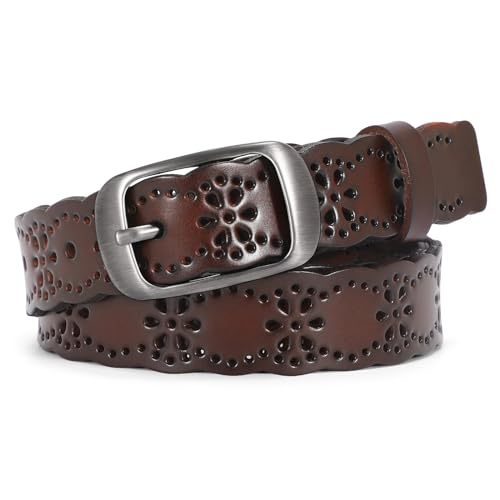 JASGOOD Women Hollow Flower Leather Belt for Jeans Pants Soft Leather Belt with Solid Pin Buckle