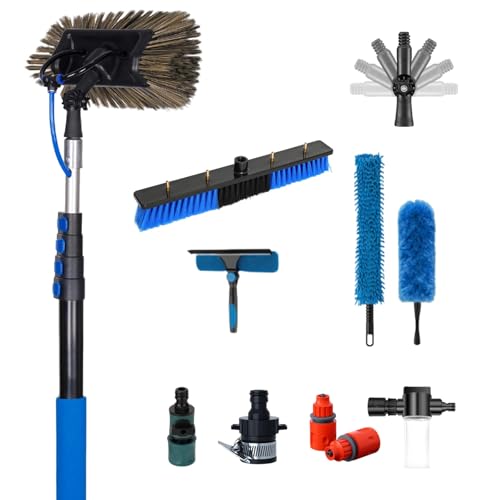 Carbon Fiber Solar Panel Cleaning Pole with Water Fed Brush, Professional Window Cleaner Squeegee Kit & Dusters, Long Reach Telescopic Scrubber for Exterior House Siding(3.6m(12FT))