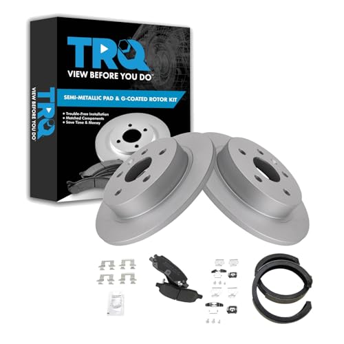 Image of TRQ Rear Brake Pad and Rotor Set Semi Metallic Coated Rotors Parking Shoe Compatible with 2006-2010 Cadillac DTS