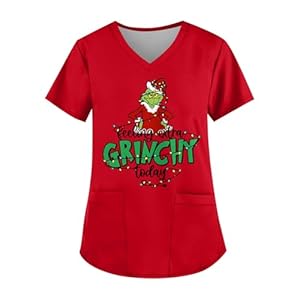 NAMTYQX Christmas Scrub Tops for Women Fun Xmas Tree Printed V Neck Shirts Plus Size Nursing Uniform Scrubs Gift with Pockets