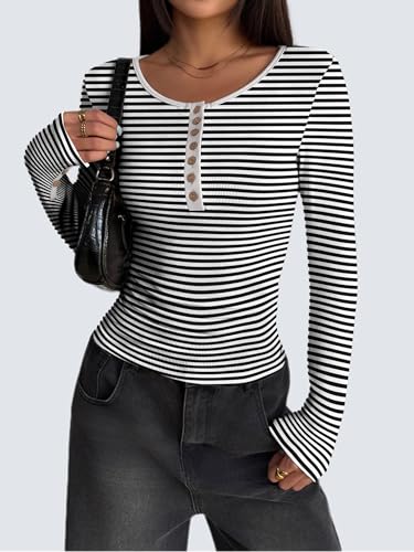 Zeagoo Womens Long Sleeve Henley T Shirts Button Ribbed Knit Slim Fitted Tee Tops Basic Casual Work Blouse XS-XXL3