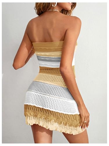 MakeMeChic Women's Strapless Crochet Cover Up Beachwear Colorblock Knit Tube Mini Dress2