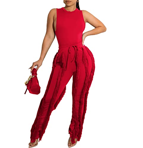 Vssjavun Women 2 Piece Outfits Casual Sleeveless Tank Tops High Waist Tassel Fringe Long Pants Sets Sweatsuit Clubwear