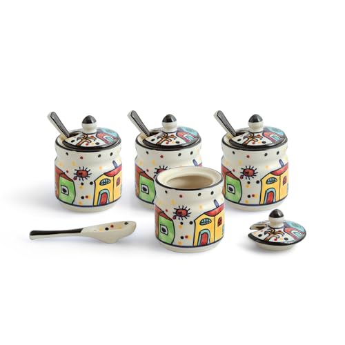 Image of ExclusiveLane 'The Hut' Ceramic Pickle Jars for Dining Table With Spoon & Wooden Holder (Set Of 4, Non-Airtight, 280 ml) |Pickle Jar With Spoon Achar Jar Set Achar Container Set for Dining Table|
