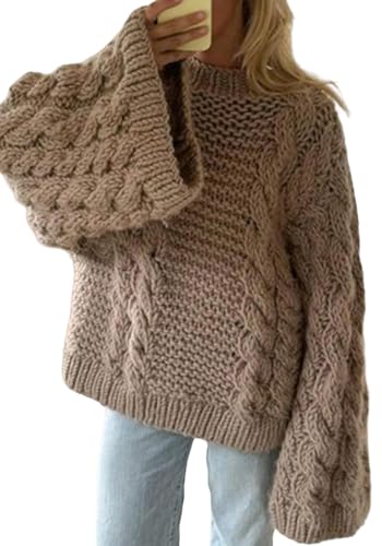 LETSVDO Women's Oversized Cable Knit Sweater Long Sleeve Crewneck Baggy Slouchy Chunky Pullover Sweaters