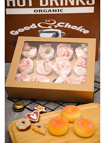 Image of Bakepacker Auto-pop Up Cupcake Boxes with Window Brown 40PCS 12 Count Cupcake Box 13 inchx10 inchx3.5 inch Cupcakes Carrier, 12 Cupcake Containers with 2 rolls of pink ribbons