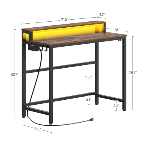Image of YATINEY Small Computer Desk with Charging Station and LED Lights, Gaming Desk with Monitor Stand, 2-Tier Home Office Desk with 4 Side Hooks, for Living Room, Home Office, Rustic Brown DN01UDBRY2