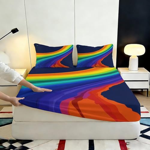Drap housse 3D imprimé arc-en-ciel lavable en microfibre douce - 7