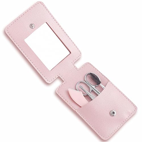 Eyebrow Trimmer Kit, 5-in-1 Set with Eyebrow Scissors, Eyebrow Razor, Tweezer, Brush, and Mirror for Women, Includes Leather Carry-Around Bag (Pink).