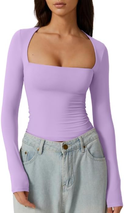 QINSEN Women's Sexy Square Neck Shirt Long Sleeve Double Lined Tees Fitted Going Out Tops