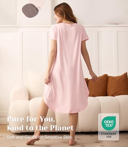 Image of NACHILA Nightgowns for Women-Viscose Made from Bamboo, V Neck Sleepshirts Short Sleeve Sleepwear Cool Nightshirt