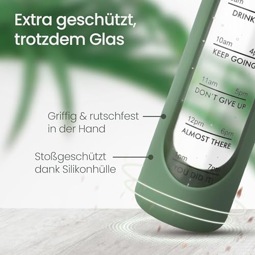 Amalindo Trinkflasche Glas 1L – kohlensäuregeeignet – mit Bürste & Silikonhülle – Olivgrün 3