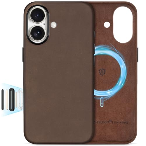 Image of SHIELDON Genuine Leather Case for iPhone 17 6.3 inch, Crazy Horse Dark Brown | Crazy Horse Leather, for MagSafe, Magnetic Wireless Charging, Metal Buttons, Camera Button, Camera Bezel, Shockproof, Slim