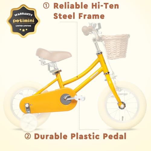 Image of Petimini Vintage Kids Bike for Girls, 12-20 Inch Classic Bicycle with Wicker Basket & Bell, High Tensile Steel Frame, Training Wheels (12-18 inch), 85% Pre-Assembled, Retro Bike for Outdoor Riding