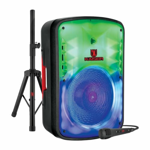 Bocinas, Wireless Kaiser Bafle 15' y 25,000 W PMPO/ 50 W RMS Color Negro, Bluetooth, Entrada Auxiliar, Radio FM, USB y Micro SD con tripié metálico, micrófono alámbrico...