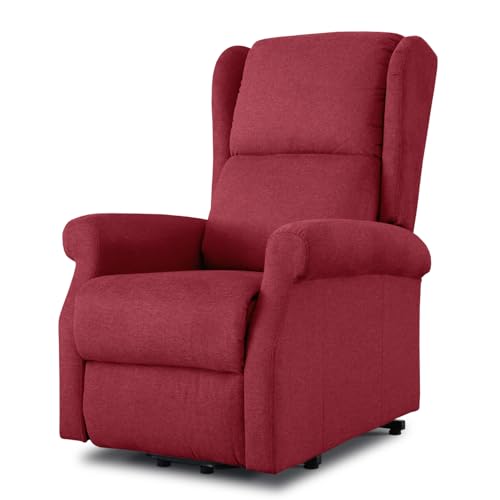 EVERGREENWEB - Poltrona Relax Elettrica con Sistema Alzapersona per Anziani con Bottone, Poltrona Reclinabile con Braccioli, Seduta Ergonomica in Tessuto Rosso, per arredo Salotto Soggiorno Ufficio