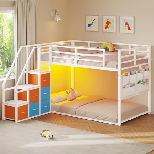 Low Bunk Bed Twin Over Twin with 6 Storage Drawers