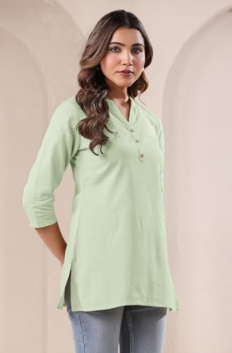 Image of Janasya Women's Light Blue Linen Cotton Solid A-line Top