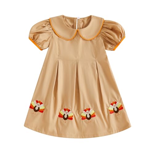 Toddler Baby Girl Thanksgiving Outfit Turkey Embroidery Short Sleeve Peter Pan Collar Smocked Dress Infant Clothes
