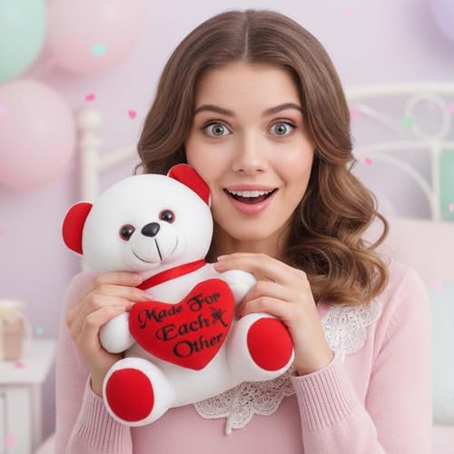 Image of ALVERO Cute Teddy Bear with Heart Cushion, Soft Plush Embroidered Heart Stuffed Toy, Gift for Girlfriend, Wife, Valentine, Anniversary & Birthday 13 x 11 x 20cm (Red & White)
