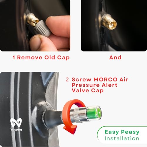 Image of Morco Air Pressure Alert Valve Caps for Tyres (Set of 4) | Anti-Rust Brass Core | Color Coded Visual Indicator (28-36 PSI Range) | Low Pressure Warning Sensor for Car SUV & Bike | Universal Fit