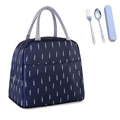 Lunch Bag Reusable Insulated Cooler Tote Box with Front Pocket Zipper Closure for Woman Man Work Picnic or Travel (Navy)
