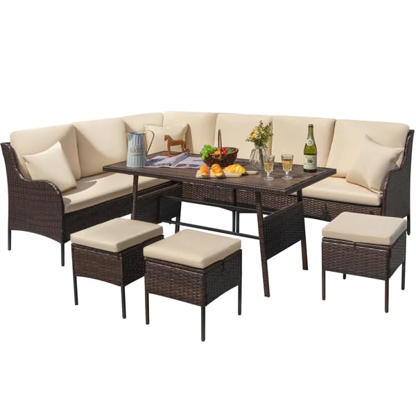 Image of DEVOKO 6 Piece Outdoor Patio Furniture Set All-Weather Wicker Rattan Modern Sofa Set with 1 Dining Table and 3 Footrests (Dark Brown & Cream)