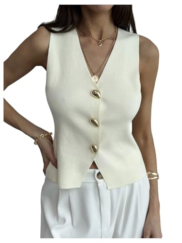 SOLY HUX Women's V Neck Sweater Vest Sleeveless Metal Button Down Knit Casual Tank Tops