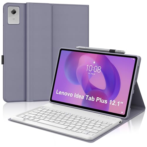 Funda con Teclado Español Ñ Bluetooth para Lenovo Idea Tab Plus 12.1 2025 Púrpura