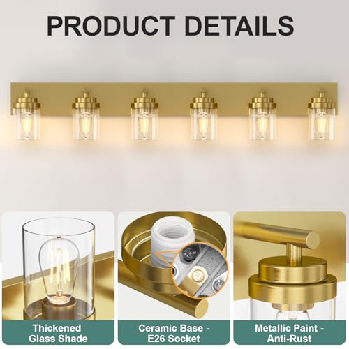 Image of IZORRO Bathroom Vanity Light Fixture, 6-Light 46 Inch Gold Bathroom Light Fixtures Over Mirror, with Clear Glass Shade, Modern Farmhouse Vanity Lights, Rustic Restroom Lighting Fixtures