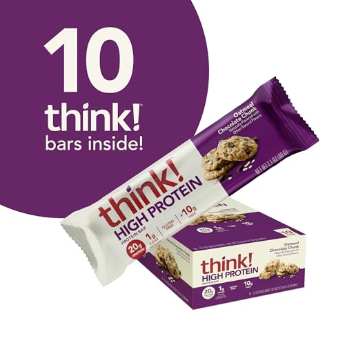 think! Protein Bars, Protein Rich Snacks, Gluten Free, Kosher Friendly, Oatmeal Chocolate Chip, Pack of 10