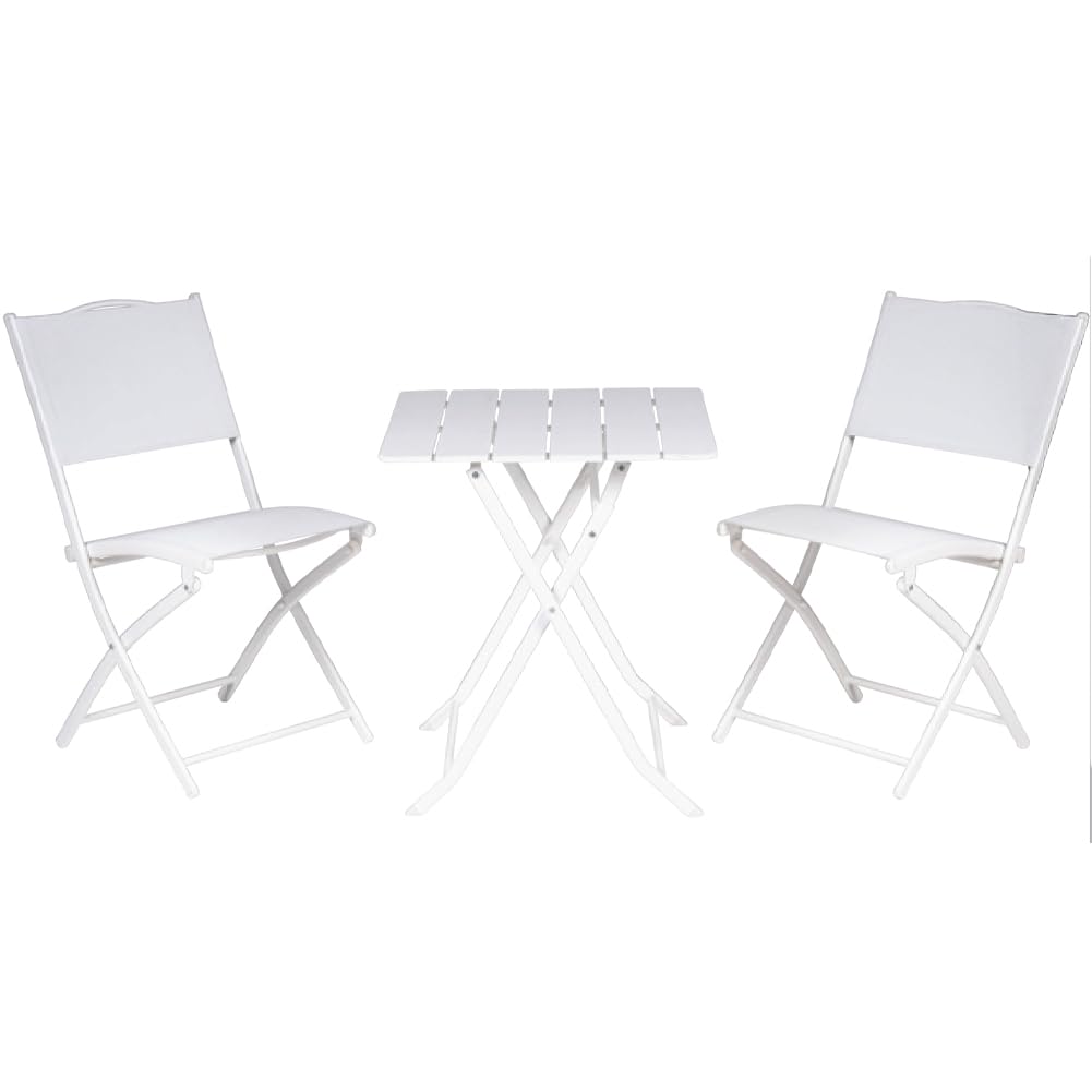 BAKAJI Set Tavolo Pieghevole con 2 Sedie Rivestimento in Textilene, Arredo Giardino Richiudibile con Struttura in Acciaio e Tavolino PE Effetto Legno, Esterno, Patio, Balcone, Resistente UV (Bianco)