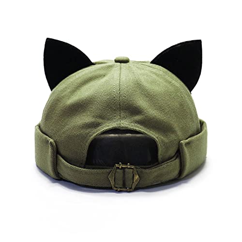 Retro Brimless Hats for Men Women Adjustable Rolled Cuff Docker Hat Beanie Skull Caps with Cat Ears Green