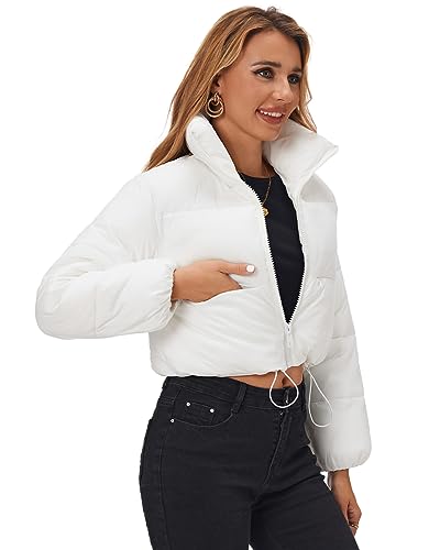 Fuinloth Women's Puffer Jacket, High Stand Collar Zip Pocket Crop Long Sleeve Coat2