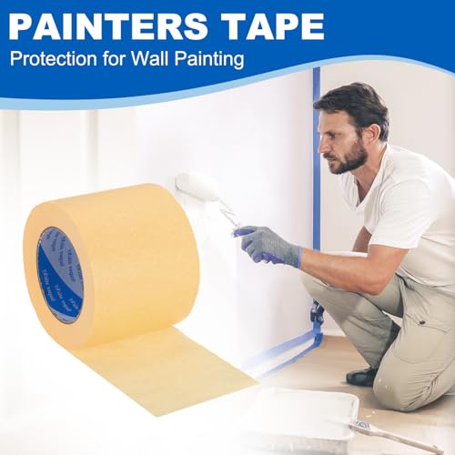 Image of PATIKIL Painters Tape 4 Inch x 55 Yards, Adhesive Masking Tape Light Yellow Paint Tapes for Wall Painting DIY Artist Craft Arts Decoration Labeling
