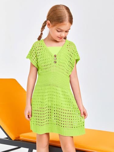 Image of Haloumoning Girls Crochet Swim Beach Cover Up Kids Fashion Button Short Sleeve Swimsuits Cover Ups 5-14 Years