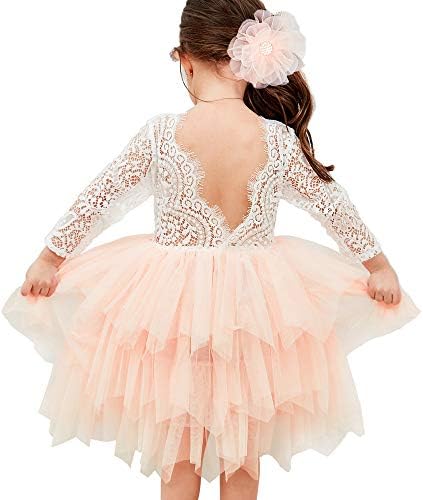 Topmaker Backless A-line flowr Girl Dress Maternity Dress for Photoshoot Daddy Daughter Dance Flower Girl Dress (1T, Sleeve-Pink)