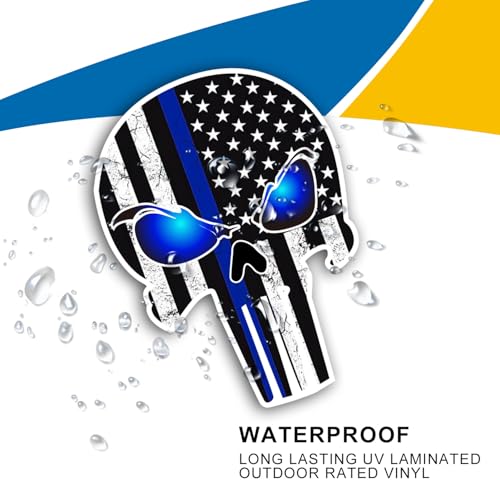 Image of Punisher Skull Tattered Subdued US Flag Reflective Magnet Decal with Thin Line Car Sticker, Truck Accessories (Black with Blue)